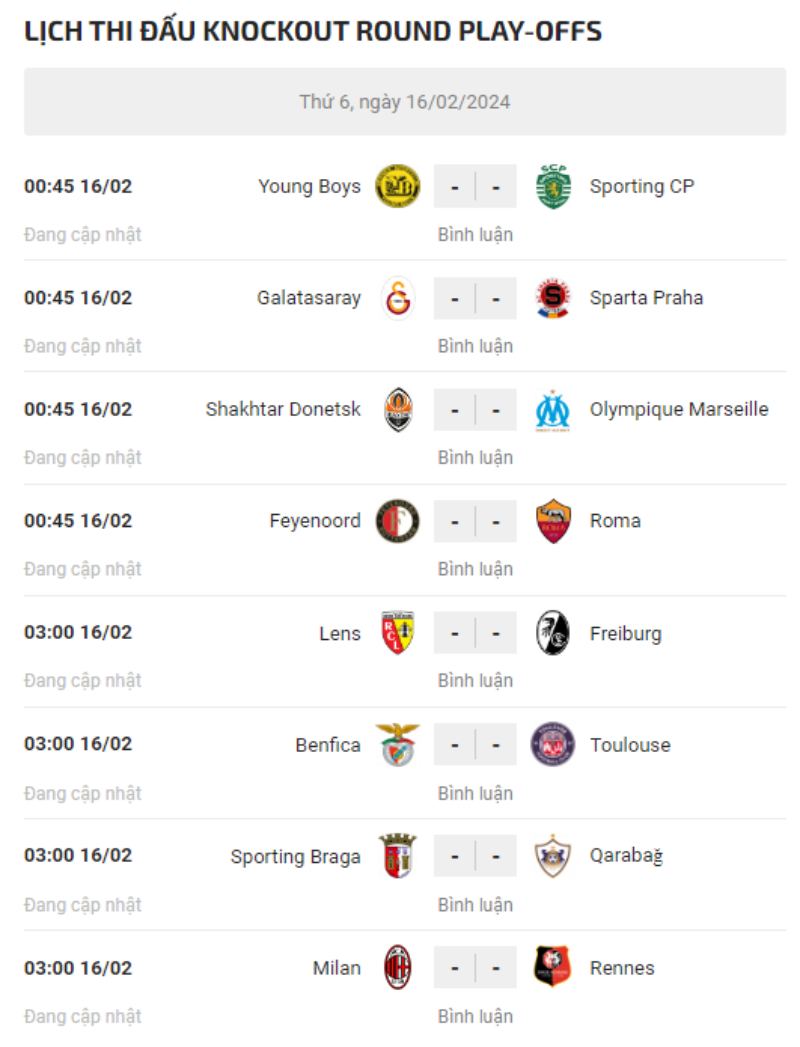 Cập nhật lịch thi đấu Europa League ngày 16/02